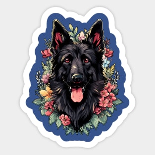 Black German Shepherd Dog Flowers Sticker